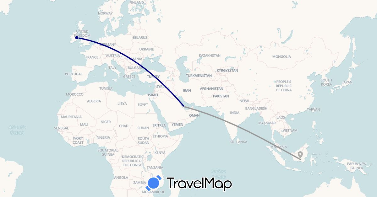 TravelMap itinerary: driving, plane in Indonesia, Ireland, Qatar (Asia, Europe)